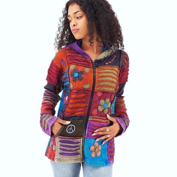 Patchwork Jacket with Hoodie, Handmade Organic Cotton Unisex Fall/Winter. - Picture 4 of 6